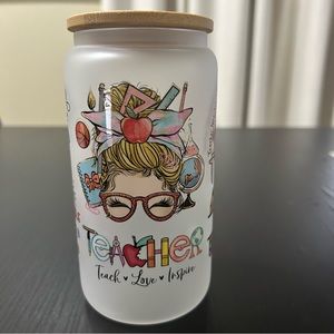 Frosted Can Shaped Glass Cup with Bamboo Lid and plastic Straw BPA-Free .16
OZ